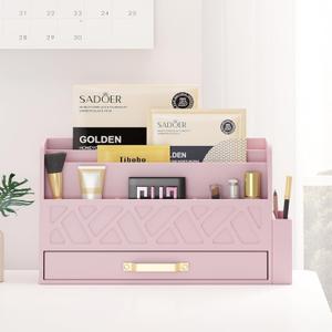 Wisuse Bamboo Desk Mail Organizer with Drawer, Wooden File Bill Sorter Storage Box for Desktop, Letter Countertop Holder for Home, Office, School Organization, Tabletop Accessories Supplies (Pink)