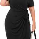 Nemidor 18 Plus Size Dresses for Curvy Women Summer Casual Wrap Bodycon Midi Short Sleeve Pleated Dress 14-26 (Black)