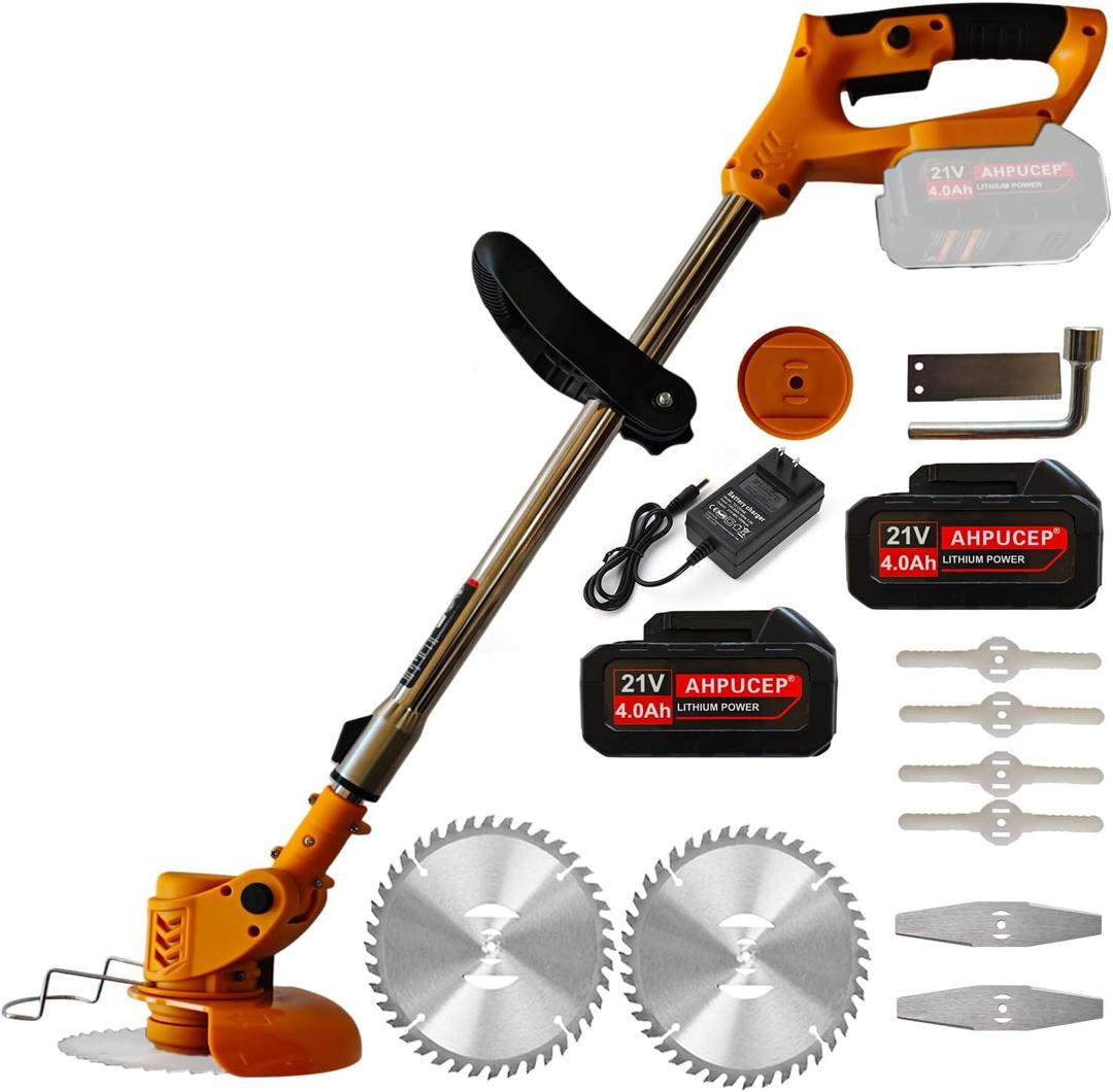Brush Cutter Weed Wacker Battery Powered with 2Pcs 4Ah Battery,Electric Brush Cutter Cordless Weed Eater with 9Blades,Weed Trimmer for Lawn,Garden,Yard,Bush Trimming&Pruning,Lightweight