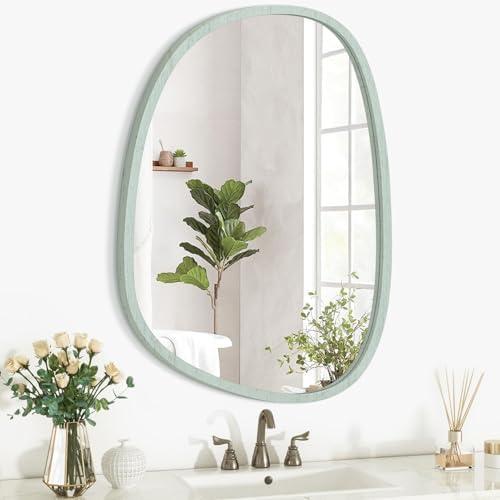Large Green Wall Mirror Asymmetrical Irregular Wood Frame Mirror Modern Unique Wall-Mounted Artistic Oval Shape Mirror Decor for Bathroom Vanity Bedroom Living Room Entryway Hallway, Size 26"L x 18"W