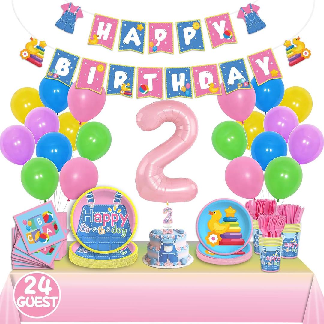 English Teacher Party Supplies, Fufuddz Rainbow Birthday Decorations Cartoon Teacher Party Plates and Napkins for Girls Boys 2nd Birthday Banner Balloons Tablecloth Candle, Tableware Set for 24 Guests