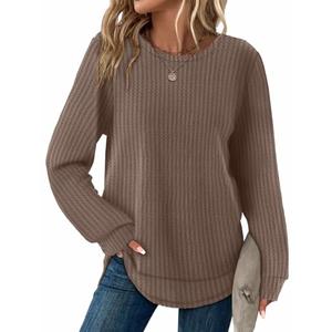 WIHOLL Tops for Teachers Waffle Knit Long Sleeve Tops Plus Size Womens Clothing Early Fall Fashion Thermal Shirts School Outfits Maternity Clothes Spring Break Essentials Coffee XL