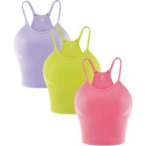Sunzel Ribbed Crop Tank Top for Women, Seamless No Padding Racerback, Slim Fit Stretchy Workout Gym Yoga Camisole Lilac Fragilesprout Gumpink(3pcs) M