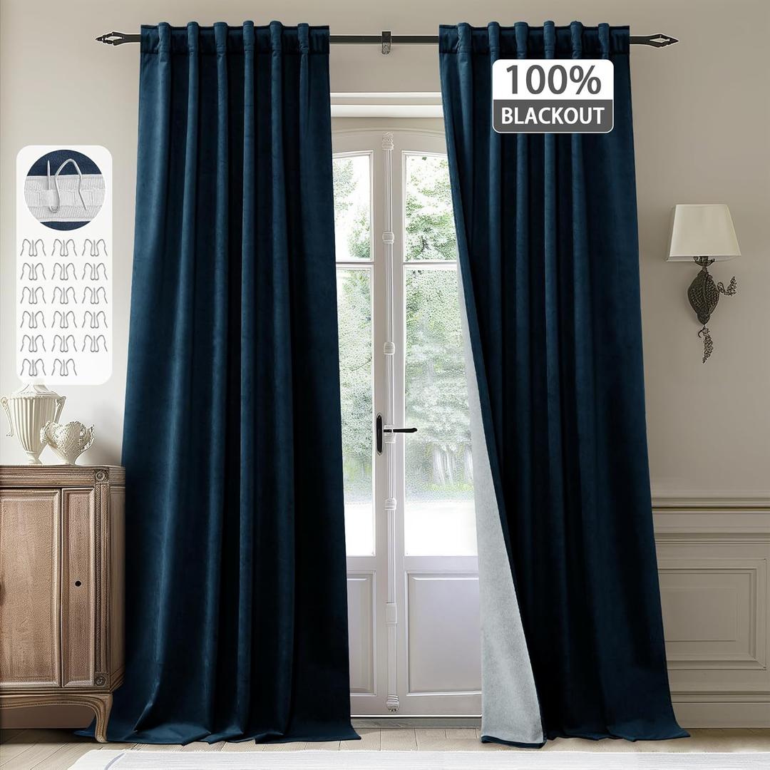 StangH Blackout Velvet Curtains 96 inches Long Luxury Navy Blue Thick Thermal Insulated Drapes Back Tab Hook Belt Liner Privacy Panels for Living Dining Room, W52 x L96, 2 Panels