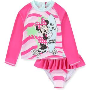 Disney Girls Minnie Mouse UPF 50+ Long Sleeve Rash Guard and Bikini Bottom 2-Piece Swimsuit Set for Toddler and Big Kids, Size 3T
