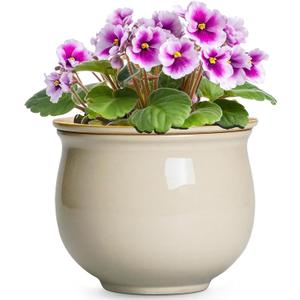 6 Inch Self Watering Pots for Indoor Plants, Ceramic African Violet Pots with Absorbent Inner Pot, Easy Self Watering Planter, Round Ceramic Flower Pot, Patio Decor, Gardening Gifts, Beige