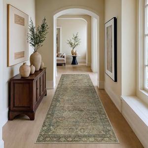 GENIMO Runner Rug 4x5, Non Slip Vintage Hallway Runner Rugs, Low Pile Lightweight Machine Washable Mat for Hallway, Entryway, Bedroom, Kitchen and Corridor, Blue Blush
