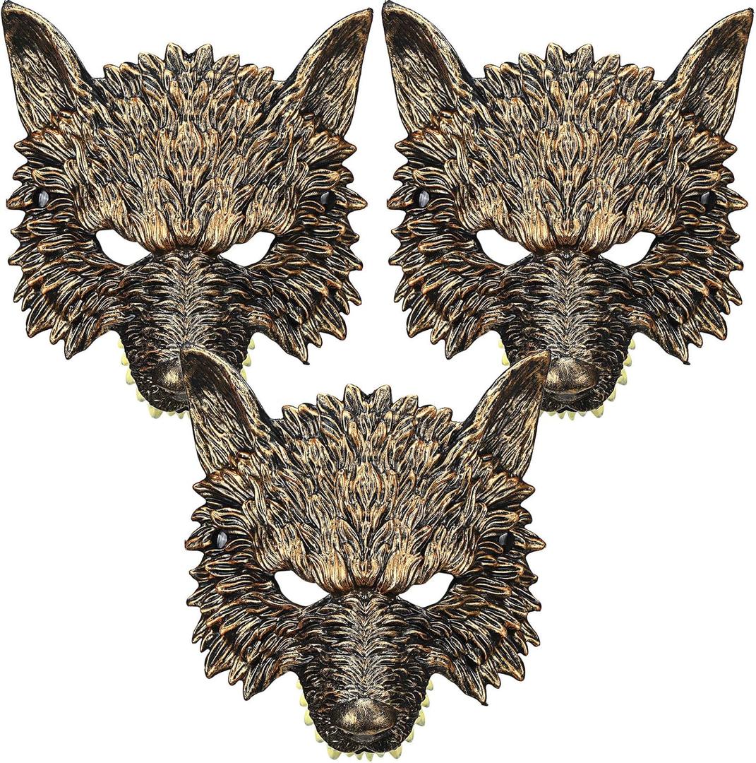 Liliful 3 Pcs Wolf Mask Halloween 3D Scary Half Face Werewolf Mask Wolf Headdress 3D Masquerade Cosplay Costume for Men (Gold)