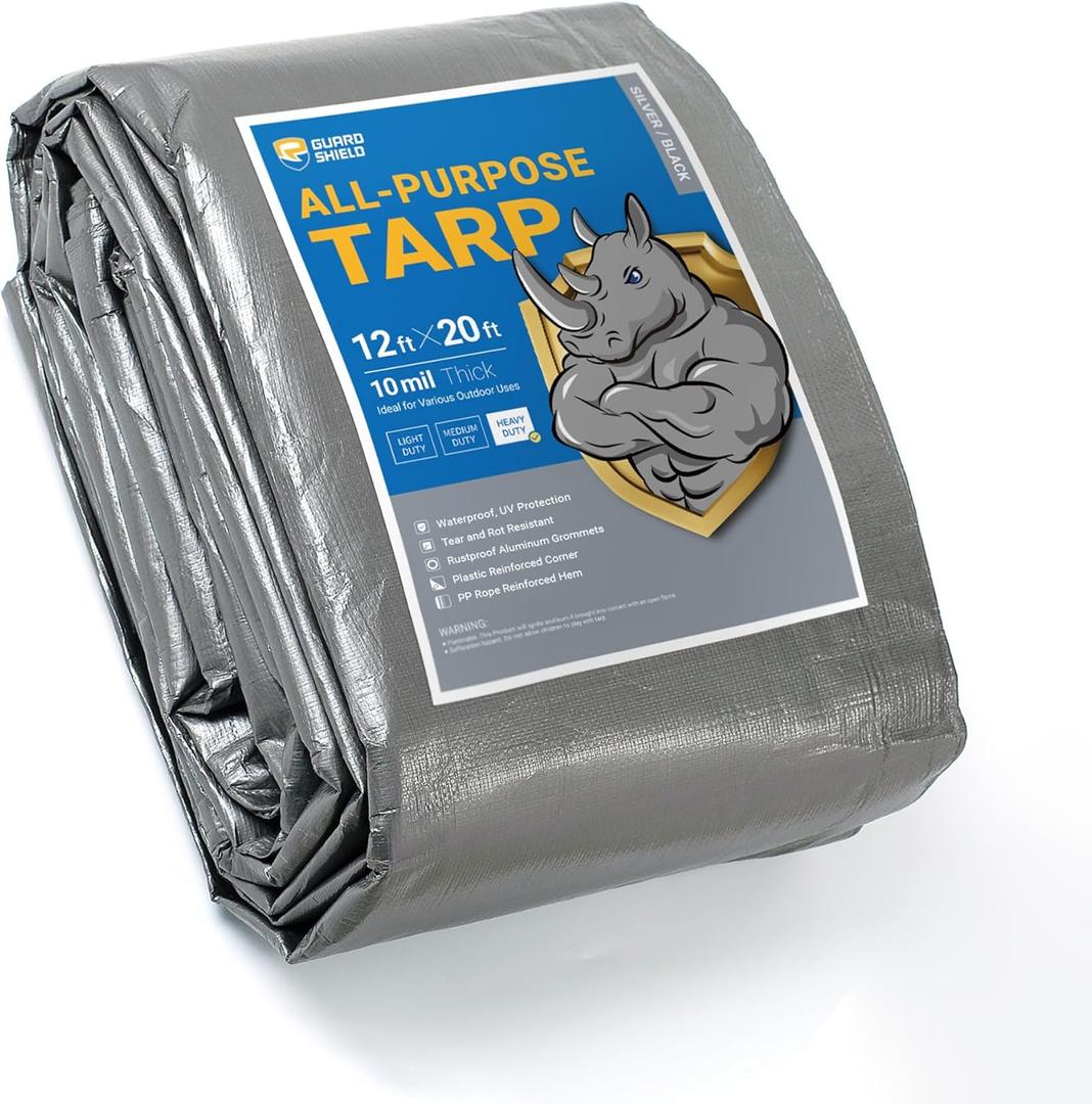 GUARD SHIELD Heavy Duty Tarp 12x20 Feet Silver/Black Multi Purpose Thick Waterproof Poly Tarp Cover 10mil