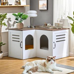 31.5in Corner Cat Litter Box Enclosure with Double Room, White