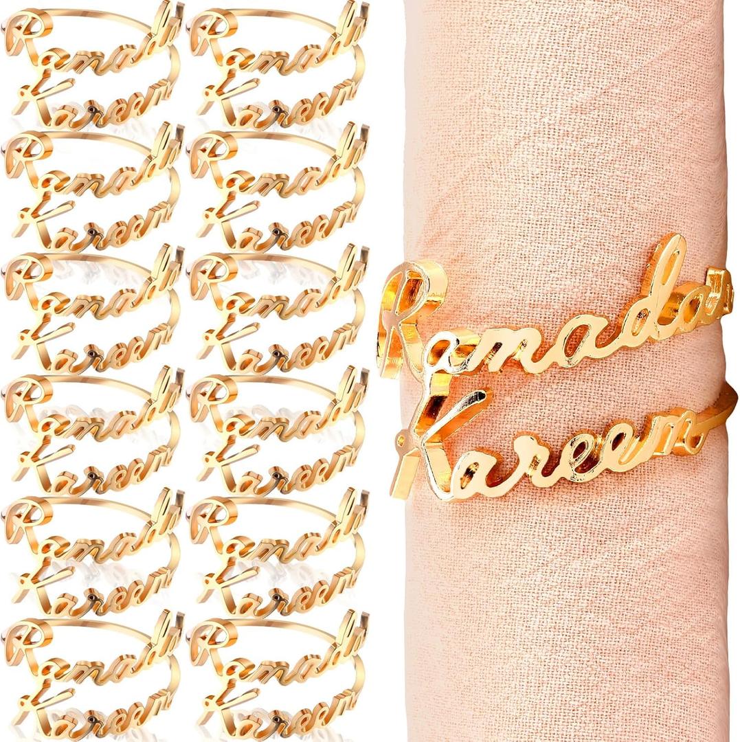 FillTouch 12 Set Ramadan Napkin Rings Eid Mubarak Kareem Letter Metal Napkin Holder Muslim Alphabet Buckles Table Decor for Islamic Party(Gold,Ramadan Kareem)