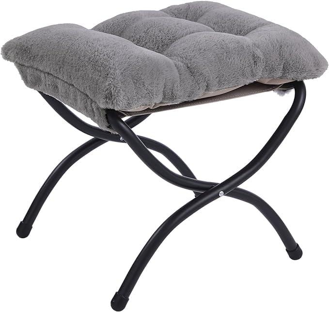Welnow Folding Foot Stool, Upholstered Small Accent Ottoman with Detachable Thick Cotton Cushion Padded Sofa Stool and Metal Frame for Lazy Chair, Living Room, Bedroom, Plush Grey