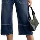 Sidefeel Women's Wide Leg Jeans High Waisted Stretchy Big Pockets Capri Denim Pants Size 10, Bluing