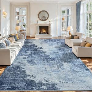 4x6 Area Rugs for Living Room, Washable Abstract Soft Bedroom Rug Non-Slip Low Pile Stain Resistant Indoor, Large Thin Modern Throw Carpet for Kitchen Farmhouse Nursery Office Home Decor, Blue
