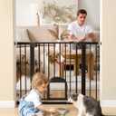Babelio Upgraded Baby Gate with Cat Door, 29-43" Auto Close Durable Dog Gate for Stairs, Doorways and House, Easy Walk Thru Safety Gate with Pet Door Includes 4 Wall Cups, Black