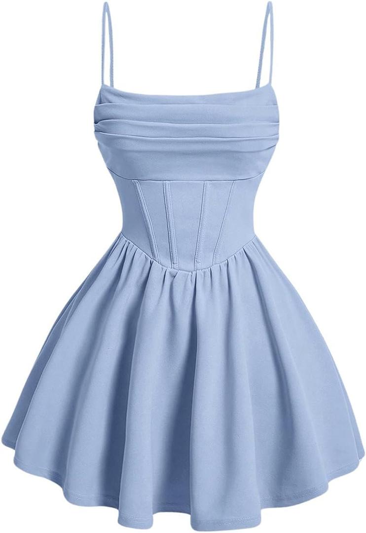SHENHE Women's Ruched Corset Dress Spaghetti Strap Fit and Flare Flowy Skater Mini Cami Dress (Medium, Light Blue)