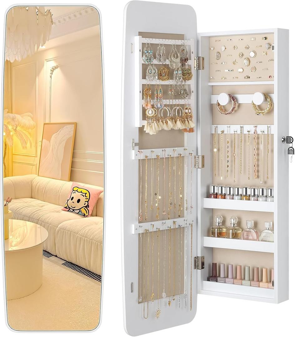 Nicetree Mirror Jewelry Cabinet Wall Mounted, Lockable Hanging Jewelry Armoire Organizer, Rounded Jewelry Armoire with Full Length Mirror, Wide Mirror with Storage, Moon White