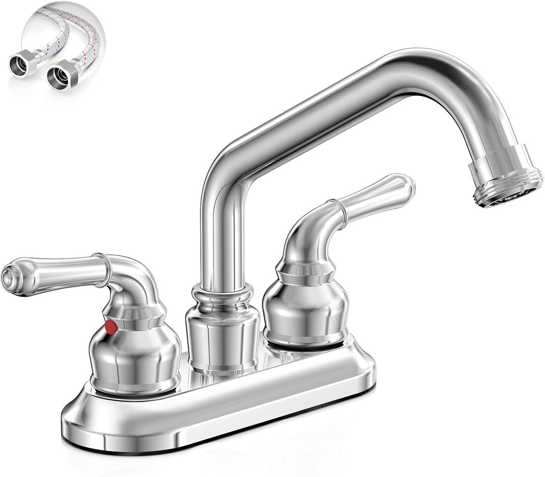 Phiestina 4-Inch 2 or 3 Hole Chrome Utility Sink/Laundry Faucet, with Centerset Rotatable Swivel 360° Spout and Garden Hose Threaded End, Slop Sink Tub Faucet with Water Supply Line, BF027-8-C