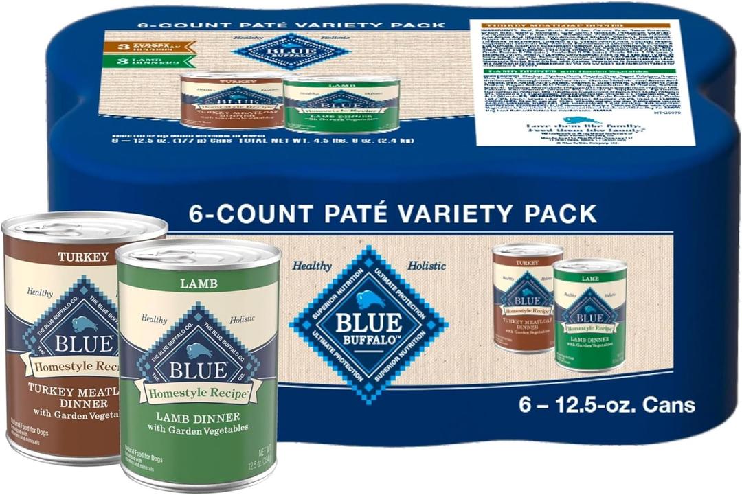 Blue Buffalo Homestyle Recipe Adult Wet Dog Food, Made with Natural Ingredients, Turkey and Lamb Dinner Variety Pack, 12.5-oz Cans (6 Count, 3 of Each) (EXP 02/09/28)