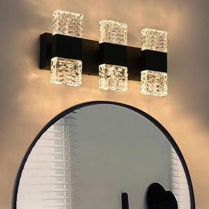 MELUCEE Modern LED Bathroom Lights Over Mirror 24W Dimmable Crystal Wall Sconce LED Vanity Light Bar 3 Lights Black Bathroom Wall Light Fixtures for Bath Powder Room, 3000K Warm Lighting