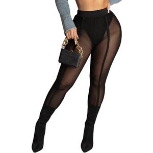 Women's Sexy See Through Sheer Mesh Pants Leggings High Waist Casual Sweatpants Tights (Large, Black)