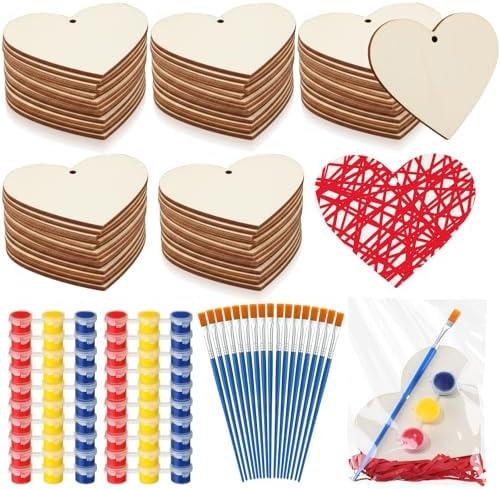 Foilswirl 30 Sets Valentine's Day DIY Heart Painting Kit Valentines Paint Set Complete Wooden Craft Set with Wooden Heart Paints Brushes Raffia and Gift Bags for Gifts Exchange Valentines Party Favor