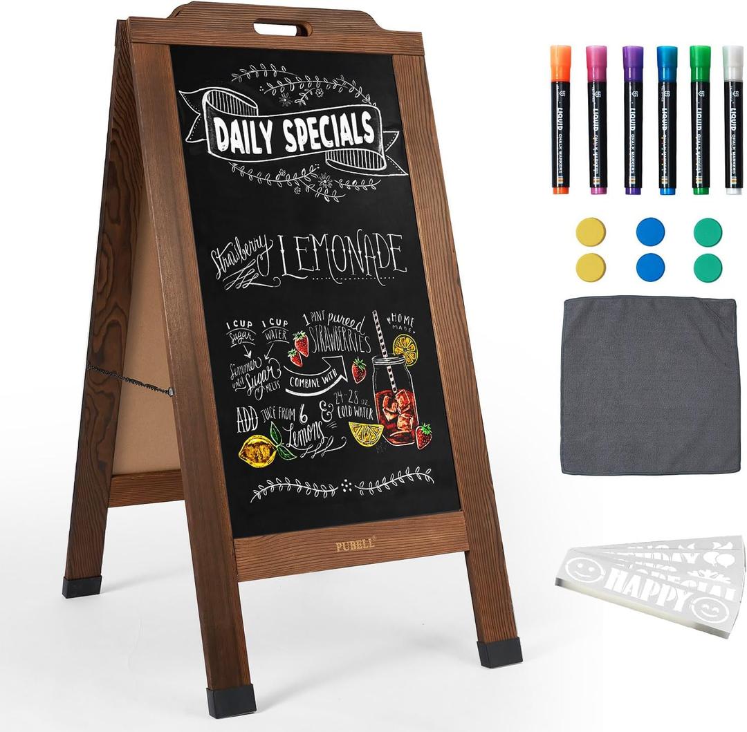 Magnetic Sandwich A-Frame Chalkboard Sign - 40 x 20 Inches, Brown Large Wooden Chalk Board for Sidewalk, Stand up Double-Sided Outdoor Easel Display for Restaurant Cafe Shop Wedding Party or Business