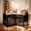 DUMOS Pet Gate for Dogs and Cats, 24 Inch 4 Panels Foldable Wooden Freestanding Dog Gate with Hinge Design, Indoor Portable Extra Wide Dog Fence Pet Barrier for Doorways, Stairs, Kitchen, Black