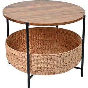 happimess SAT2000A Carly 24.21" Modern Coastal Round Acacia Wood/Water Hyacinth Coffee Table with Storage Basket, Table for Living Room and Bedroom, Natural/Black