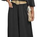 2-Piece Sets for Women Flowy Wide-Leg Pants with Elegant Off-Shoulder Lantern Sleeve Blouse Set (Black, XXL)