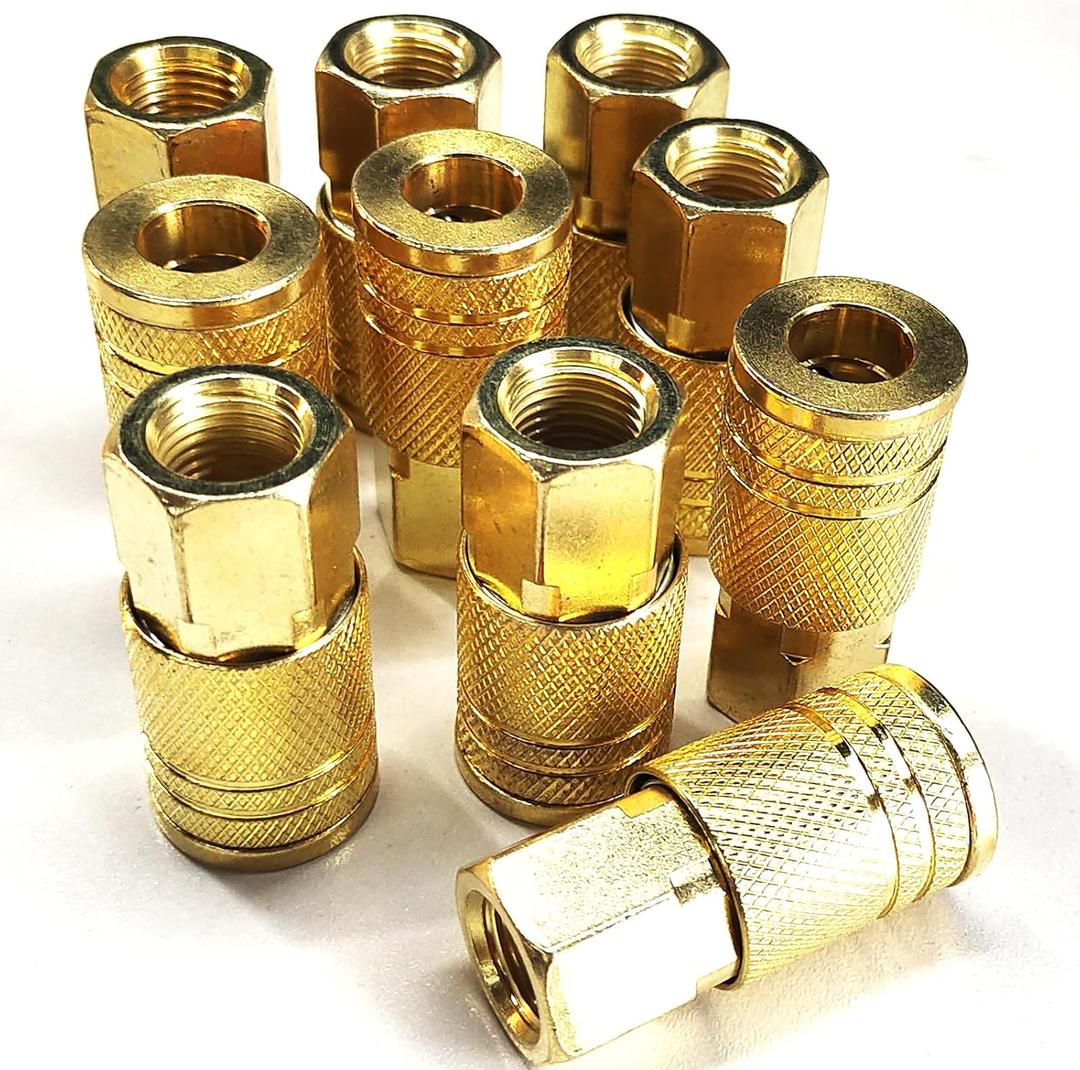 1/4-Inch Brass Female Industrial Couplers, 10 Pcs 1/4 Inch Air Hose Fittings Quick Connect for Air Hose Accessories - NPT Internal Couplers for Professional Job Sites Automotive Shops