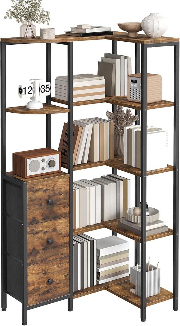 YATINEY Corner Bookshelf, 5-Tier L-Shaped Bookcase with 3 Fabric Drawers, Storage Display Shelf, Freestanding Tall Open Shelf, for Living Room, Bedroom, Home Office, Rustic Brown SJ12BR