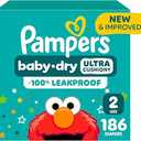 Pampers Baby Dry Diapers, Size 2 (10-22 lbs), 186 Count, Up to 100% Leakproof Disposable Diaper