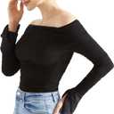 OMKAGI Women Long Sleeve Tops Boat Neck Off Shoulder Shirts Fitted Going Out Y2K Crop Top (Black, S)