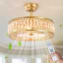 Modern Crystal Ceiling Fan with Light and Remote, 18" Gold Flush Mount Chandelier Fan with Invisible Blades, 4-Light Fandelier for Bedroom Living Room Dining Room, Normal