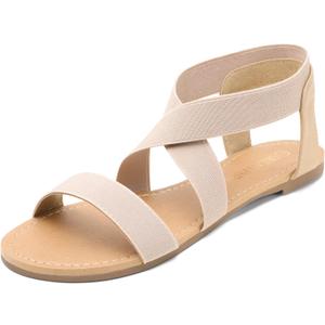 DREAM PAIRS Women's Elastic Ankle Strap Flat Sandals Summer Dressy Shoes Cute Strappy Gladiator Sandals (Beige, 11)