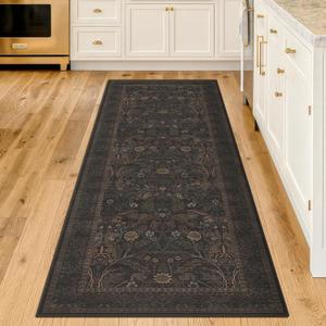 Dark Brown Washable 2x6 Kitchen Rugs Non Slip - Farmhouse Hallway Runner Rug, Non Slip Floral Botanical Bathroom Mats, Southwestern Cabin Bedroom, Hall Way Low Pile Carpet
