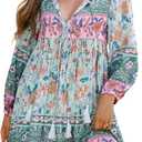 R.Vivimos Womens Long Sleeve Floral Casual Print Cotton Mini Tunic Dress (Green, M)
