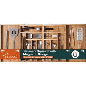 Silverware Organizer Large, Magnetic Connected Expandable 13 Slots Silverware Drawer Organizer From 21 to 37.4 Inches, Adjustable Flatware and Cutlery Holder, Bamboo Utensil Tray for Kitchen Acacia