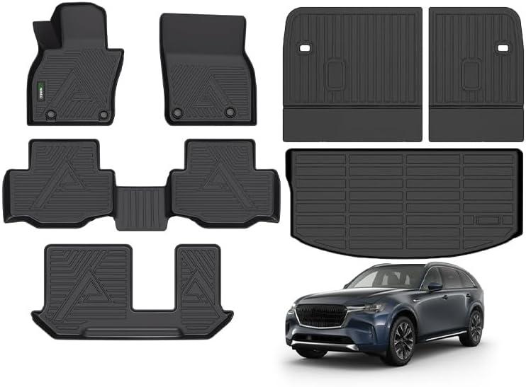 ANBINGO® Floor Mats & SeatBack Cargo Liner / CX90 2024-2025 8 Passenger / 2nd Row with Bench Seat / (60/40 Velcro Tape Fixed Backmats) TPE 3 Rows Waterproof Car Mat