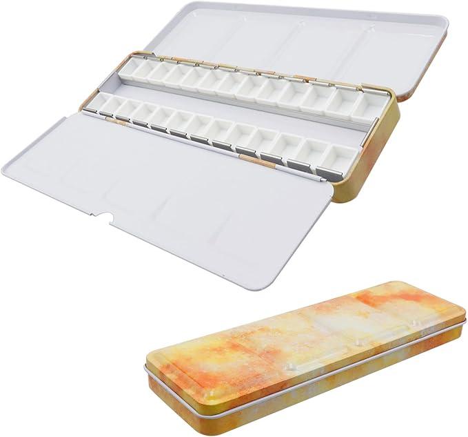 Bitray Empty Watercolor Palette Medium Metal Pigment Palette with 26 Empty Half Pans and Folded Palettes for Drawing Gouache Oil Painting and DIY Painting Yellow