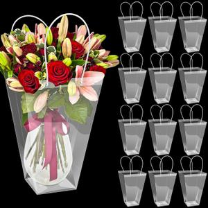 Yexiya 12 Pcs Floral Bags Large Clear Flower Bouquet Bag Bulk with Handle Mother's Day Transparent Florist Wedding Gift Packaging Plastic Gift Birthday Valentine's, 11.4 x 5.9 x 16.7 In (Clear Edge)