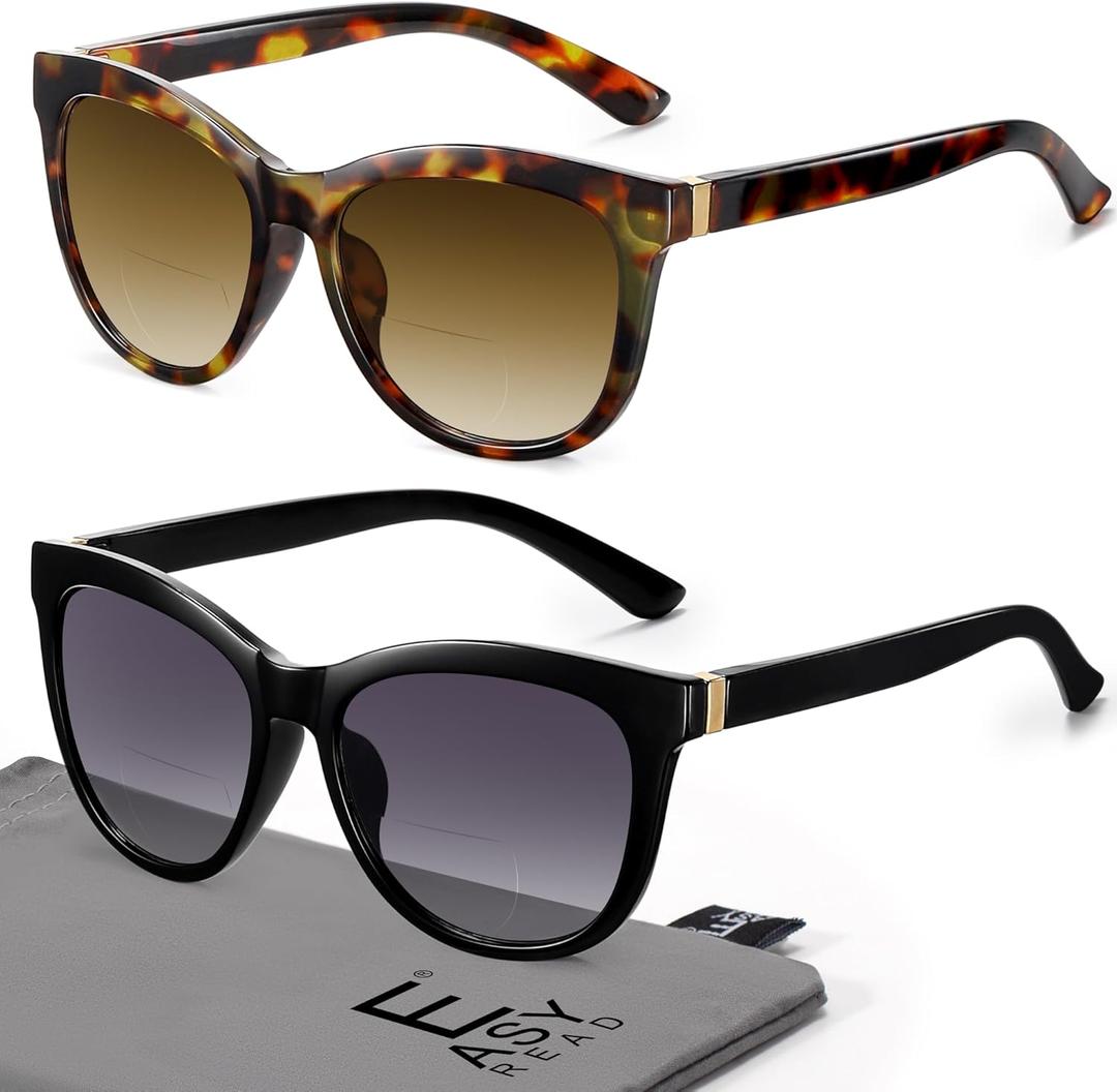 EASY READ 2 Pack Cateye Bifocal Reading Sunglasses for Women, Fashion Outdoor Sun Readers UV Protection(Magnification 2.75, Black/ Demi)