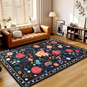 Terrug Floral Washable Area Rug for Bedroom, 4x6 Black Rug Boho Ultra-Thin Rugs for Entryway, Soft Non Slip Carpet Vintage Rug for Living Room, Entry, Kitchen, College Dorm, Dining Room, Nursery