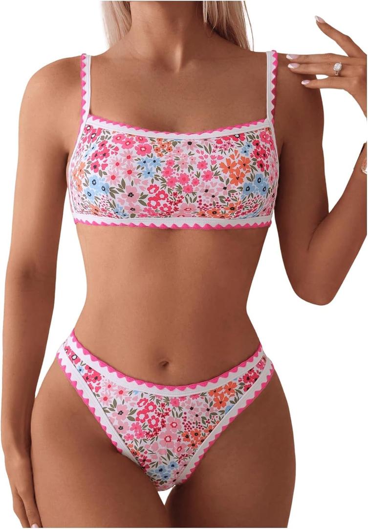 SOLY HUX Bathing Suit for Women Two Piece Floral Print Tie Back Swimsuit Bikini Sets L Pink Floral