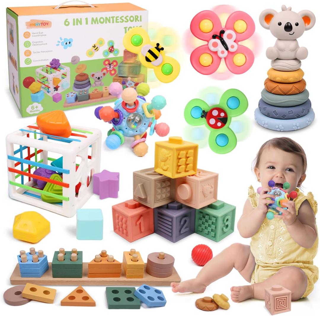 YHHYTOY 6-in-1 Montessori Baby Toys 0-6 6-12 Months, Infant Teething Toys Soft Stacking Blocks Rings Shape Sorter Sensory Fidget Spinners for Toddler 1-3, First Baby Gift Set for 6 Month Old Girl Boy, Small