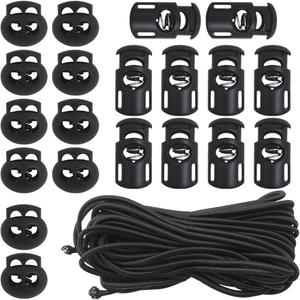 20 PCS Plastic Cord Locks & 50 ft Elastic Bungee Cord, SourceTon 10 PCS Single-Hole, 10 PCS Double-Hole ABS Spring Toggles with 5/32" Elastic Shock Cord for Backpacks, Luggage (Black)