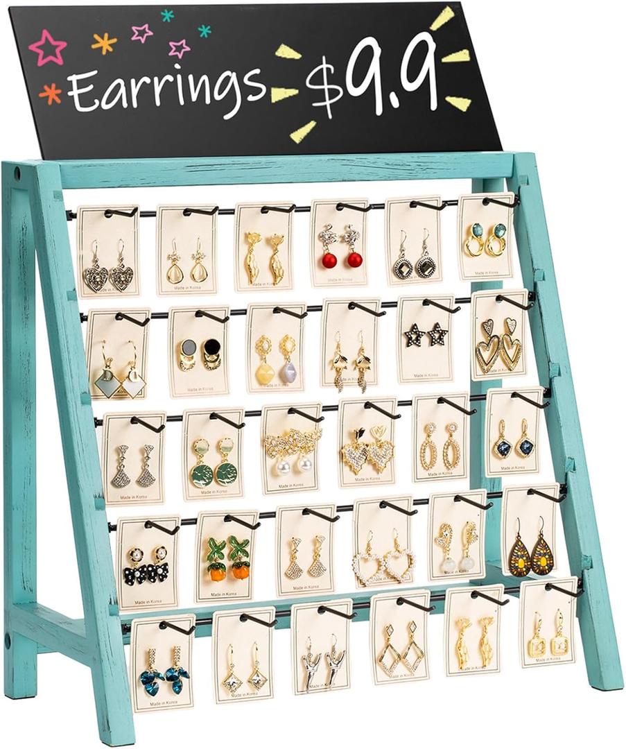 Jewelry Display for Vendors, 30 Hooks Wood Earring Display for Vendors Selling Bracelet Earring Holder with Adversitsing Board, Large Capacity Earring Display Stands Rack for Earring Cards (Weathered Teal)