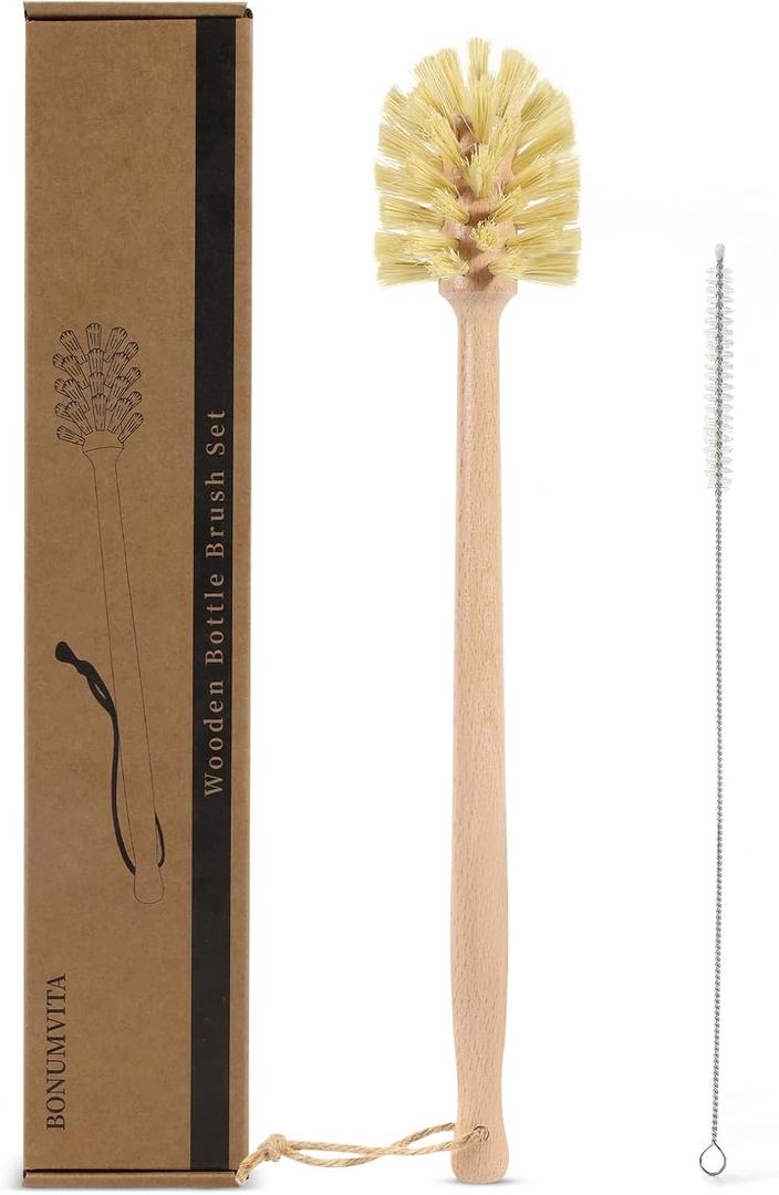 Long Handle Bottle Brush,Wooden Cleaning Brush with Straw Brush,Built for Stanley Cup, Sports Bottles and Coffee Mugs