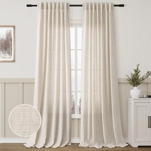 Beige Linen Blend Curtains 96 Inch Length 2 Panel Set for Living Room Dining Sunlight Filtering Sheer Privacy Faux Linen Drapes Vintage Farmhouse Back Tab Pleated Oatmeal Tan Long Curtain 96 Inches